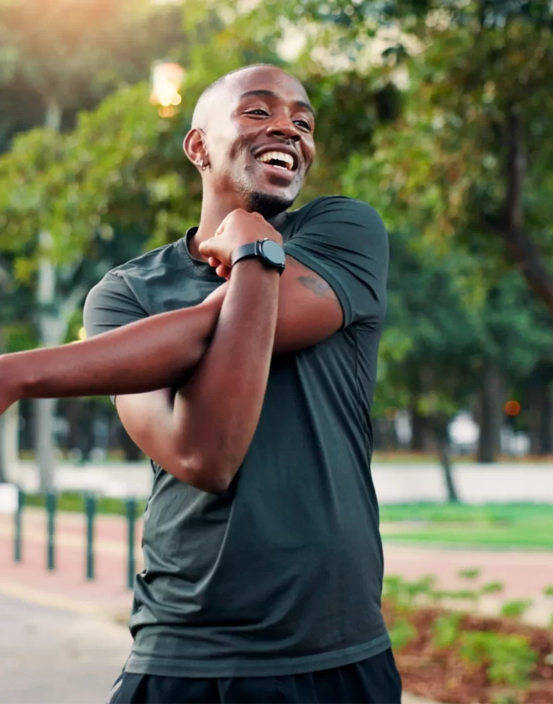 fitness stretching and men with routine outdoor utc